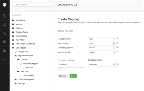 CMSImport Mapping screen in Umbraco v7